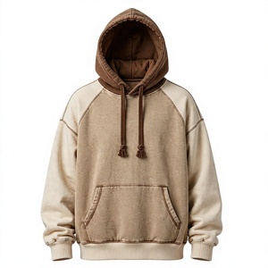 Sweat-shirt à capuche pour homme, coupe classique, avec poches, en polyester/coton 200g, teint uni, manches raglan, beige, effet délavé vintage, en molleton - Product Image 5