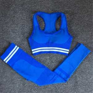<b>Blue</b> 2 Piece Yoga Set Racerback <b>Crop</b> <b>Top</b> High Waist Leggings Solid Color Ribbed Seamless Breathable Women Workout Wear Custom r - Product Image 5