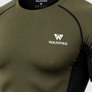 Warpro Men's Olive Green <b>Compression</b> Rash Guard Short Sleeve Quick Dry Workout <b>Shirt</b> with Mesh Panels and Logo Front - Product Image 5