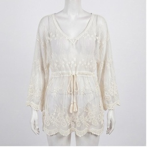 Women's White Chiffon Embroidered V-Neck Drawstring Romper With Tassel And Ruffles Floral Pattern Short Bottoms - Product Image 1