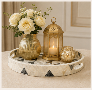 Mother of Pearl Inlay Round Serving Tray Geometric Black and White <b>Mosaic</b> Decorative Coffee Table Centerpiece Tray for Hotel - Product Image 6