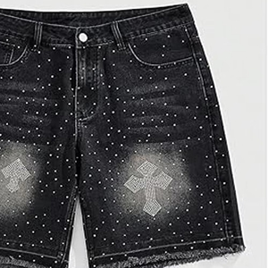 Men Gothic Denim Shorts Cross Sequined Dot Pattern Mid Waist <b>Button</b> <b>Fly</b> Short Shorts Woven Cotton Stonewashed Style - Product Image 6