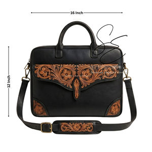 Western Real Leather Messenger Bag Floral Tooled Laptop Bag Adjustable Strap Business <b>Briefcase</b> Unisex - Product Image 3
