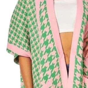 Cárdigan rosa y verde con estampado de pata de gallo para mujer, abrigo largo de punto con frente abierto, ropa exterior de moda, informal y elegante, para llevar en capas. - Product Image 3