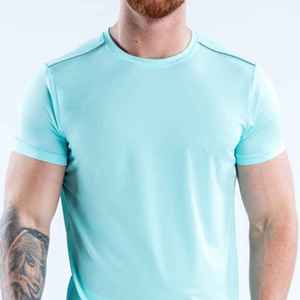 เสื้อยืดคอกลมแขนสั้นสีฟ้าอ่อนสำหรับผู้ชาย ทรงเข้ารูป สไตล์ลำลอง ผ้าถัก แห้งเร็ว โพลีเอสเตอร์ 100% สีพื้น - Product Image 3