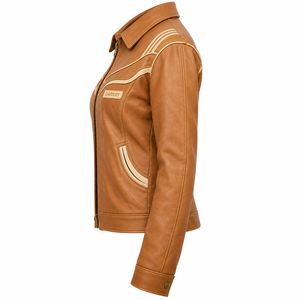 Veste en cuir véritable pour femme Tan Cognac, style western vintage, avec passepoil crème, col zippé, vêtement d'extérieur, service d'usine sur mesure - Product Image 4