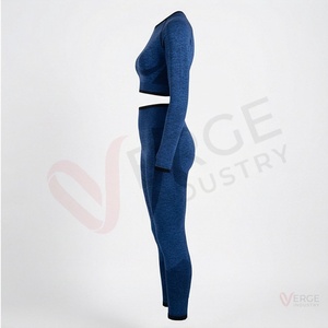 Women Navy Blue Seamless Yoga Set <b>Long</b> <b>Sleeve</b> Crop <b>Top</b> High Waist Leggings 2 Piece <b>Gym</b> Outfit - Product Image 3