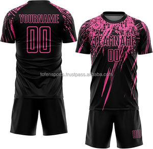 Maillot de football personnalisé sublimé noir et rose avec nom et numéro d'équipe, unisexe, manches courtes, anti-humidité, coupe athlétique, toutes saisons - Product Image 1