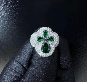 Luxury Women's 925 Silver <b>Cocktail</b> <b>Ring</b> Emerald Cut Green Zircon Pave Setting Flower Shape Party Jewelry From India - Product Image 2
