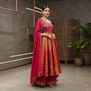 Conjunto de traje Anarkali largo hasta el suelo de mezcla de seda con estampado vibrante en magenta y naranja, de secado rápido, con pantalón palazzo, para boda - Product Image 1
