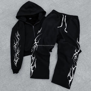 Haute qualité Vintage hommes Streetwear survêtement écran imprimé fermeture éclair Sweat à capuche costume évasé pantalons de survêtement ensemble - Product Image 1