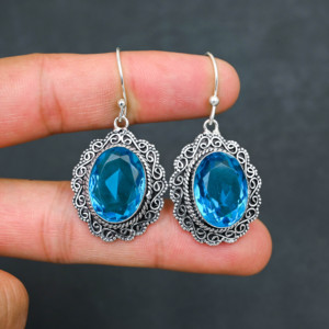 Boucles d'oreilles personnalisées en argent sterling 925 avec topaze bleue créée en laboratoire, 1,9 pouce, bijoux en pierres précieuses faits à la main, boucles d'oreilles fines antiques, cadeau pour femme - Product Image 4