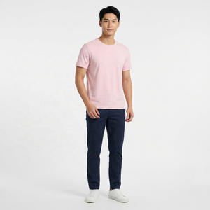 เสื้อยืดคอกลมแขนสั้นสีชมพูทรงปกติผ้าคอตตอนเจอร์ซีย์สำหรับผู้ชาย เสื้อยืดลำลองสีพื้นเรียบแบบถัก - Product Image 6