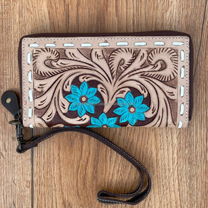 Real Leather Hand Tooled Carving Wristlet Wallet Turquoise Flower Multi Purpose Women's Multi Uses Hot Sale Wallets - Product Image 4