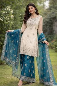 Ensemble de salwar kameez traditionnel indien pakistanais pour femmes, brodé, en coton, longueur cheville, bleu beige, coupe classique - Product Image 1