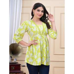 เสื้อผ้าแฟชั่นผู้หญิง Aarti คอวี แขนสามส่วน ลายดอกไม้ ผ้าป๊อปลิน สำหรับฤดูใบไม้ผลิ/ฤดูร้อน ยืดหยุ่น ใส่ได้ทุกวัน - Product Image 1