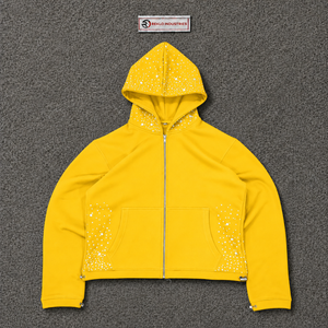 Sudadera con capucha amarilla con cremallera y pedrería, estilo oversize, streetwear, con brillo personalizado, cremallera completa, a la moda, casual, unisex. - Product Image 5