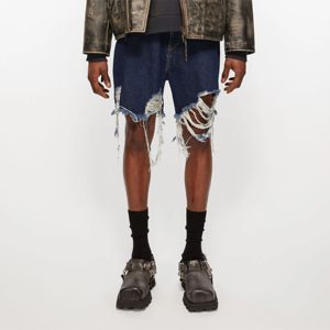 Distressed Super Baggy Fit Mid Waist Wide Leg <b>Knee</b> Length Leather <b>Patch</b> Detail Mens Streetwear Denim Shorts Denim Shorts - Product Image 5