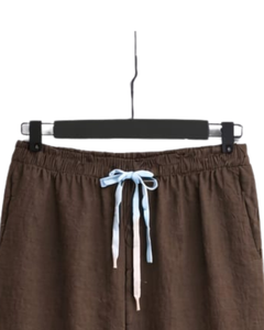 Conjunto de Dos Piezas para Mujer, Camisa Azul Claro Bordada y Pantalones Anchos Marrones, Atuendo Casual de Algodón y Lino, Ropa Holgada de Verano, OEM - Product Image 5