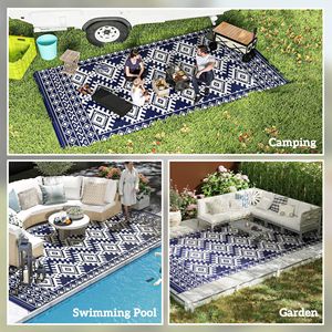 Tappeto Reversibile Impermeabile per Esterni 9FT X 18FT, Blu e Bianco con Bordo a Rombi e Borsa per il Trasporto - Product Image 5