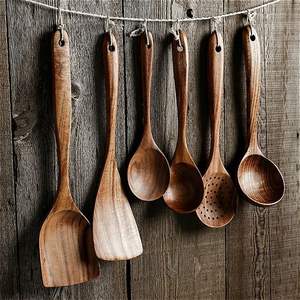Ensemble de cuillères en bois faites à la main, cuillères de service et de cuisson antiadhésives en bois, ustensiles de cuisine - Product Image 3