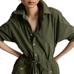 Robe chemise utilitaire personnalisée pour femme en toile 100 % coton de haute qualité, coupe trapèze longue, taille à cordon, manches longues, OEM, marque privée - Product Image 4