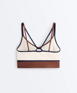 Soutien-gorge de sport pour femme à col en V et bretelles spaghetti, avec coussinets amovibles, maintien moyen, bordure contrastante, couleur unie, pour le fitness et les activités sportives - Product Image 2