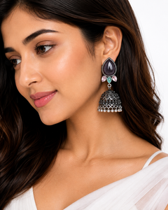 Luxury Oxidized <b>Silver</b> Tribal Jhumka <b>Earrings</b> Pear Cut Orange Stone Traditional Indian Wedding Jewelry for Women - Product Image 5