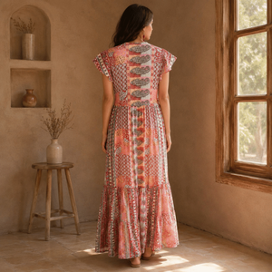 Premium Bohemian Maxi <b>Dress</b> for Women with Floral Ethnic Print Flutter Sleeves V Neck and Flowy Tiered Hem Summer Vacation Wear - Product Image 5