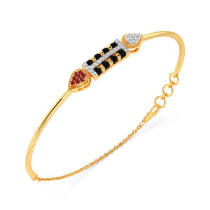 Dual Drop Accent Diamond <b>Bracelet</b> with Yellow Gold Slim Bangle, Black Bead Center and <b>Red</b> White Stone Details - Product Image 1