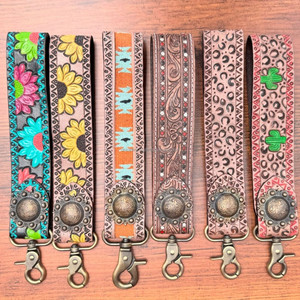 New Customized Western Hand <b>Tooled</b> Saddle Blanket Wristlet Strap Genuine Leather Lanyard Keychain Cow Leather Cowgirl Key <b>Clips</b> - Product Image 5