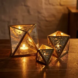 Artisan Design VO1033c Geometric Brass/Glass Votive Holder <b>Mirrored</b> <b>Panels</b> for Home Wedding Diwali Decor Candle Light Dinner - Product Image 1