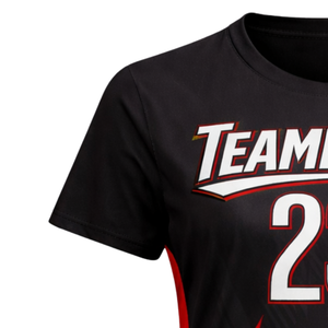 Camiseta de Fútbol Personalizada para Mujer, Diseño de Llamas en Negro y Rojo, Manga Corta, Transpirable, de Secado Rápido, Uniforme para Equipo de Fútbol Femenino - Product Image 5