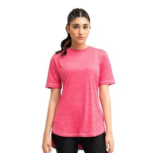 Camiseta de manga corta rosa para mujer, cuello redondo, dobladillo curvo, ajuste relajado informal, top básico para el día a día, camiseta ligera de moda de verano para mujer - Product Image 1