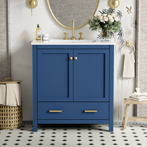 Meuble-lavabo bleu de 30 pouces avec vasque simple intégrée, armoire sous-évier et tiroir de rangement à 2 portes - Ensemble de meuble-lavabo simple - Product Image 3