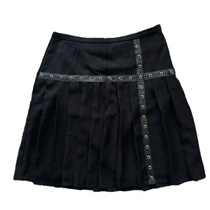 Gothic Punk Women's Black Pleated Mini <b>Skirt</b> High Waisted Faux Leather <b>Patchwork</b> <b>Skirt</b> with Silver Eyelet - Product Image 1