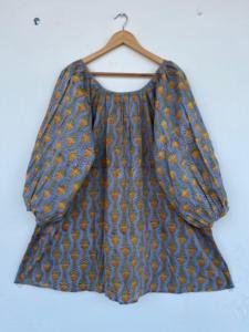 Vestido corto de algodón con estampado floral amarillo para mujer, manga larga abullonada, corte holgado, estilo bohemio, informal, para verano, playa y vacaciones - Product Image 1