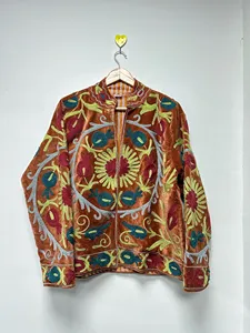 Chaqueta Bohemia de Terciopelo Marrón con Bordado Floral Suzani, Cuello Mandarín, Manga Larga, Ropa Exterior de Otoño para Mujer - Product Image 4