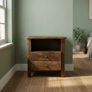 Table de chevet rustique en bois massif avec 2 tiroirs et étagère ouverte pour chambre à coucher ou salon - Product Image 5