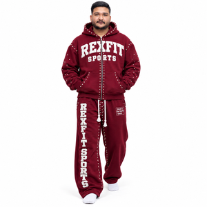 Hooded Tracksuit Heavy Fleece Zip <b>Jacket</b> Wide Leg Pants Applique Streetwear Set full Custom for mens French terry new design - Product Image 1
