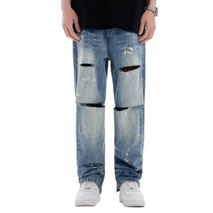 กางเกงยีนส์ผู้ชายทรงหลวมแบบแบ็กกี้ฟอกสีสไตล์วินเทจ แต่งขาดๆ ทรงตรง สตรีทแวร์ รับสกรีนโลโก้ มีกระเป๋าหลายช่อง สำหรับฤดูใบไม้ผลิ - Product Image 1