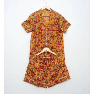 Women's Floral Print 100% Cotton Pajama <b>Set</b> Short Sleeve Turn-Down Collar Summer Casual Sleepwear With Button Fly Mid Rise Short - Product Image 6