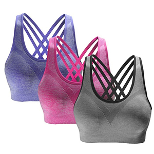 Conjunto de sujetadores deportivos RA para mujer, paquete de 3, diseño de espalda cruzada, morado, rosa, gris, top de yoga sin costuras, soporte medio, sujetador transpirable para entrenamiento - Product Image 1