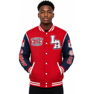 Veste universitaire Los Angeles Vs Everybody pour homme, rouge et bleu, en coton et polyester, avec imprimé lettres et patchs, style preppy, pour l'automne - Product Image 5