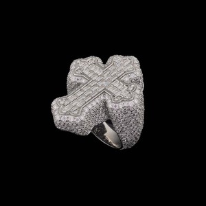 VVS Diam Iced Christian <b>Cross</b> Cluster Baguette Cut Moissanite <b>Ring</b> 925 <b>Silver</b> Claw Setting Hip Hop Cocktail Band Gold Plated - Product Image 1