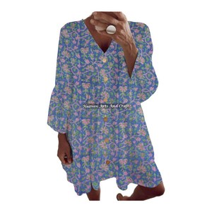 ชุดเดรสลำลองผ้าฝ้ายสำหรับผู้หญิง สไตล์โบฮีเมียน ความยาวปานกลาง เหมาะสำหรับฤดูใบไม้ผลิและฤดูร้อน ลายพิมพ์มือ ชุดชายหาด - Product Image 3