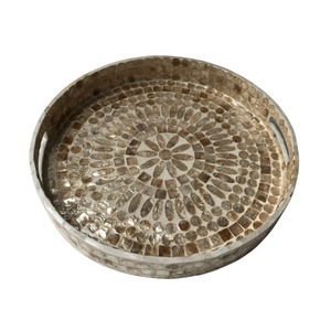 Plateau rond en nacre, mosaïque de coquillages incrustés, plateau de service de luxe, motif mandala, centre de table, décoration décorative pour ottoman - Product Image 1