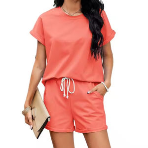 Conjunto de Dos Piezas de Algodón Acordonado de Alta Calidad para Mujer, Top Corto y Pantalones Cortos, Verano 2026 - Product Image 1