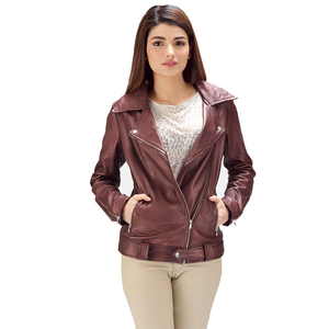 Chaqueta de Cuero Genuino Borgoña al por Mayor, Estilo Motero, con Cinturón, Cierre Asimétrico, Color Sólido, Otoño-Invierno, Ecológica, Impermeable, OEM - Product Image 2