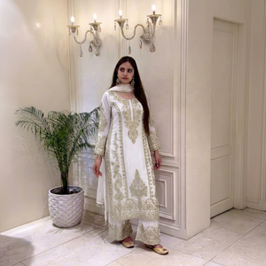 Traditional <b>White</b> Embroidered Salwar <b>Suit</b> For <b>Women</b> With Knee-Length Loose Fit For <b>Wedding</b> Wear From Samp Corporation - Product Image 1